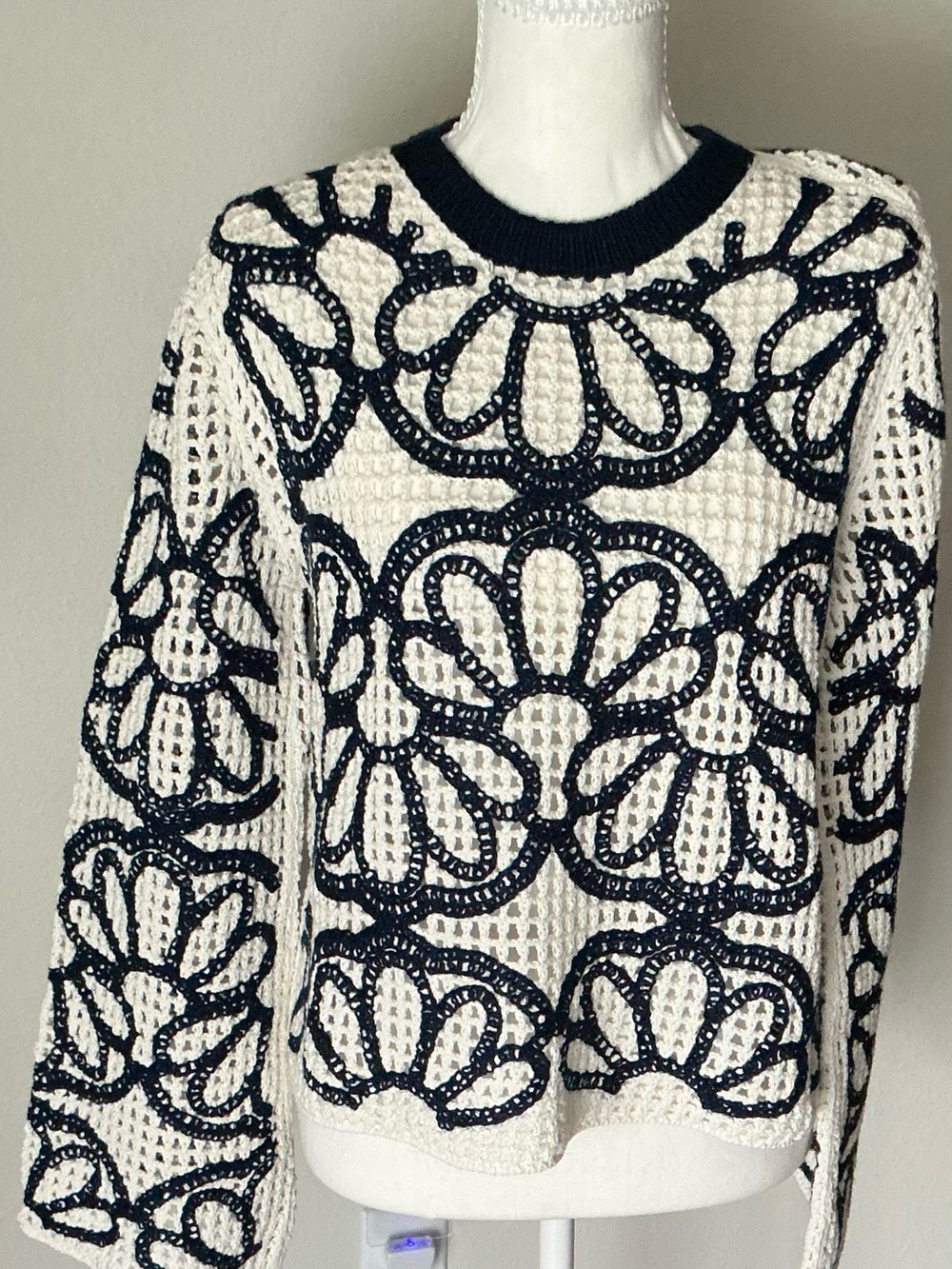Madewell Cream and Black Floral Open-Weave Crewneck Sweater